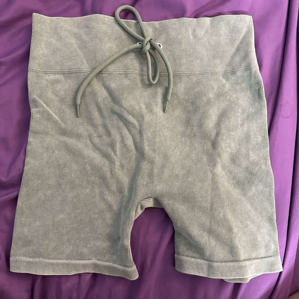 No Boundaries Ribbed Drawstring Biker Shorts - Olive/Sage Green
